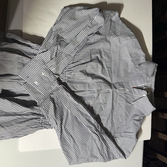 NWT Steve Madden Women's Polished M White/blue Pinstripe Button-Up Peplum Shirt - Picture 10 of 16